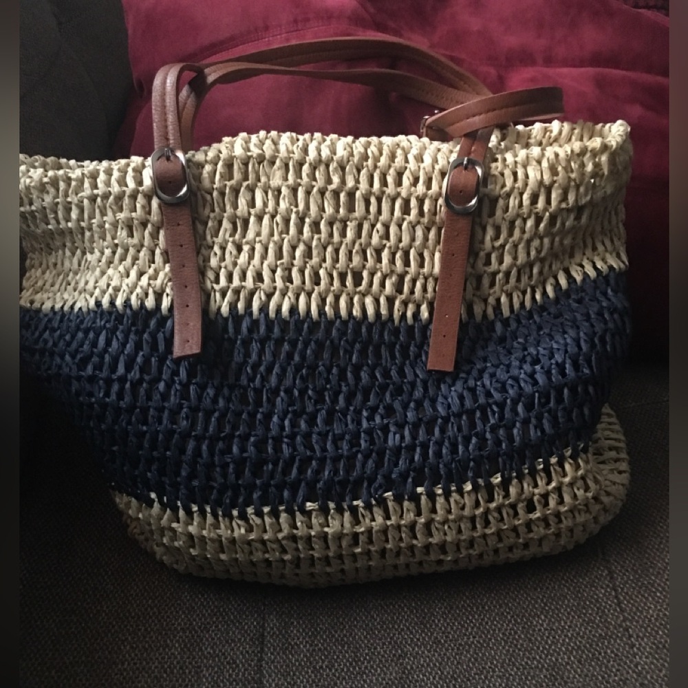 Stylish Tan and Blue Woven Tote Bag